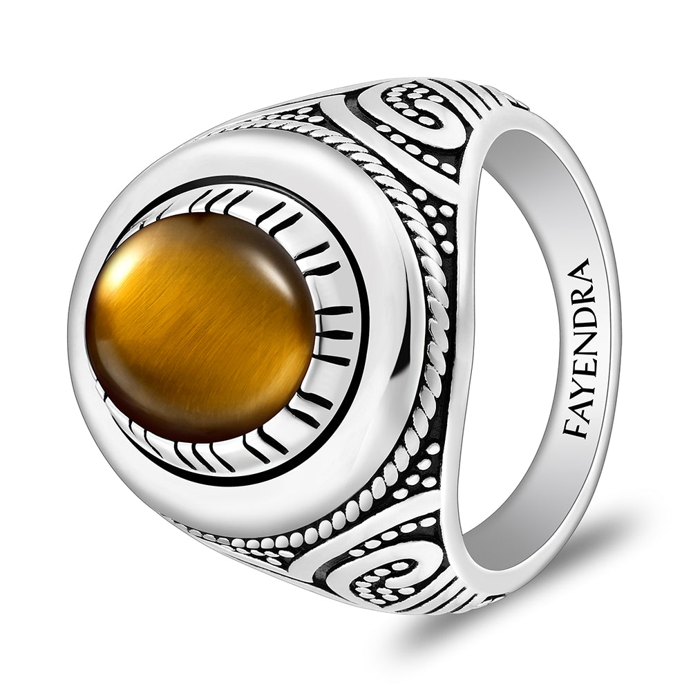 خاتم رجالي من الفضة الخالصة عيار 925 مطلي روديوم و اسود مرصع احجار عين النمر اصفر كابشون