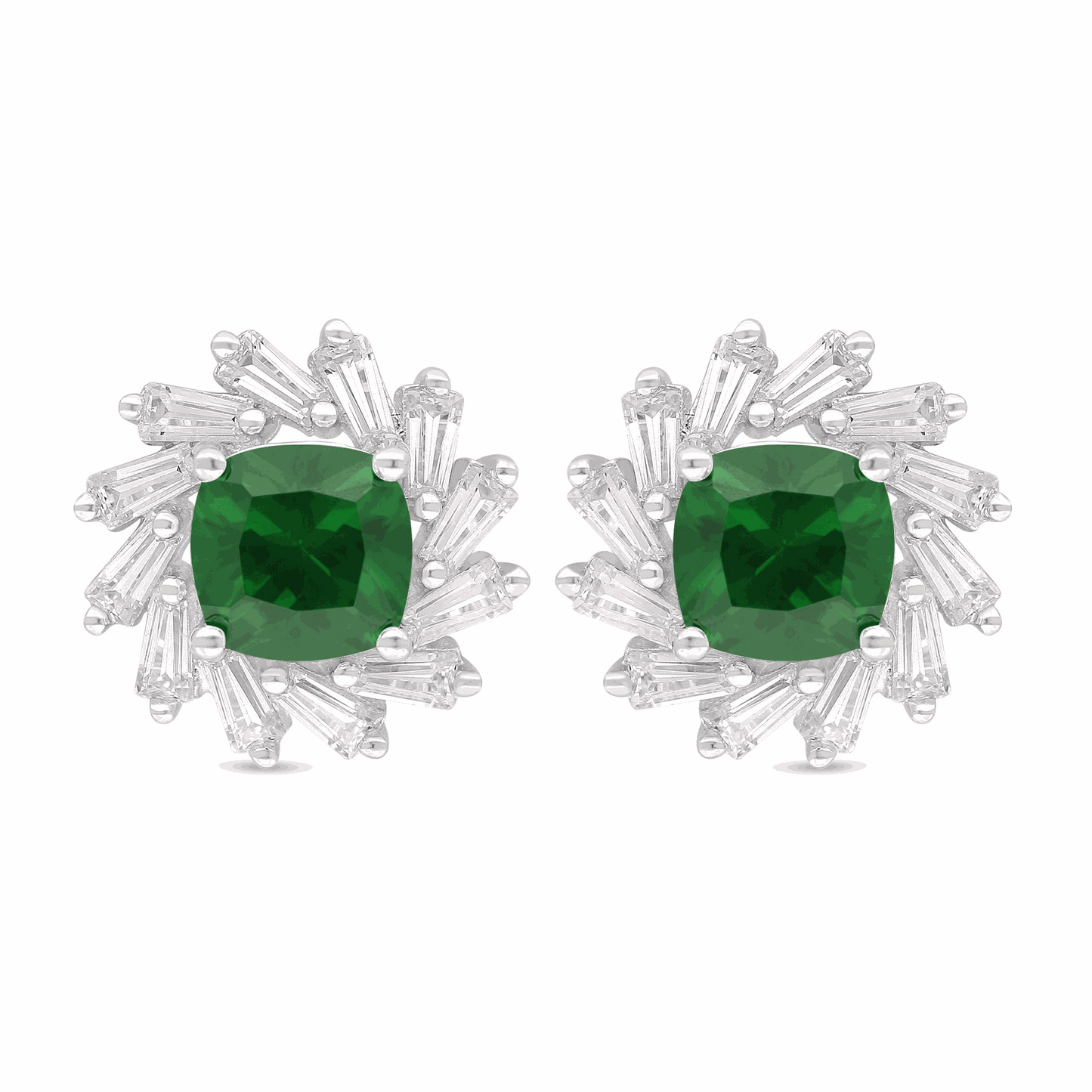 Sterling Silver 925 Earring Rhodium Plated Embedded With Emerald Zircon And White Zircon