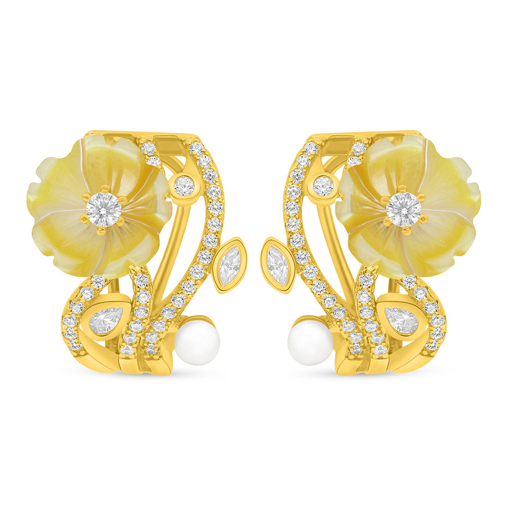 Sterling Silver 925 Earring Golden Plated Embedded With Natural White Pearl And Yellow Shell And White Zircon
