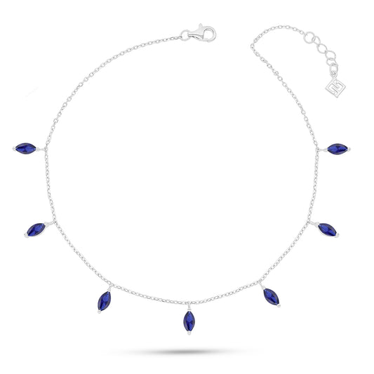 Sterling Silver 925 Anklet Rhodium Plated Embedded With Sapphire Corundum