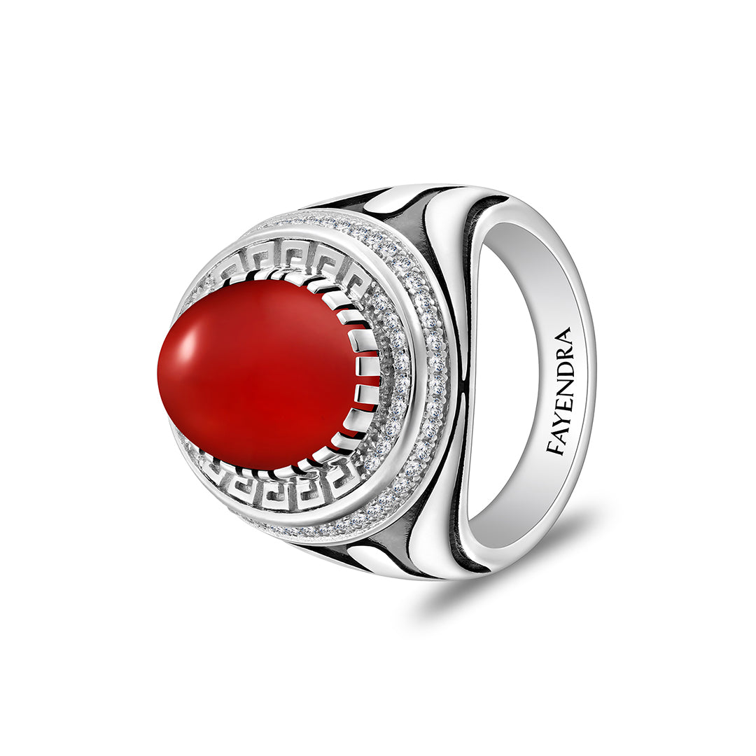 خاتم رجالي من الفضة الخالصة عيار 925 مطلي روديوم و اسود مرصع احجار عقيق احمر كابشون و فص ابيض