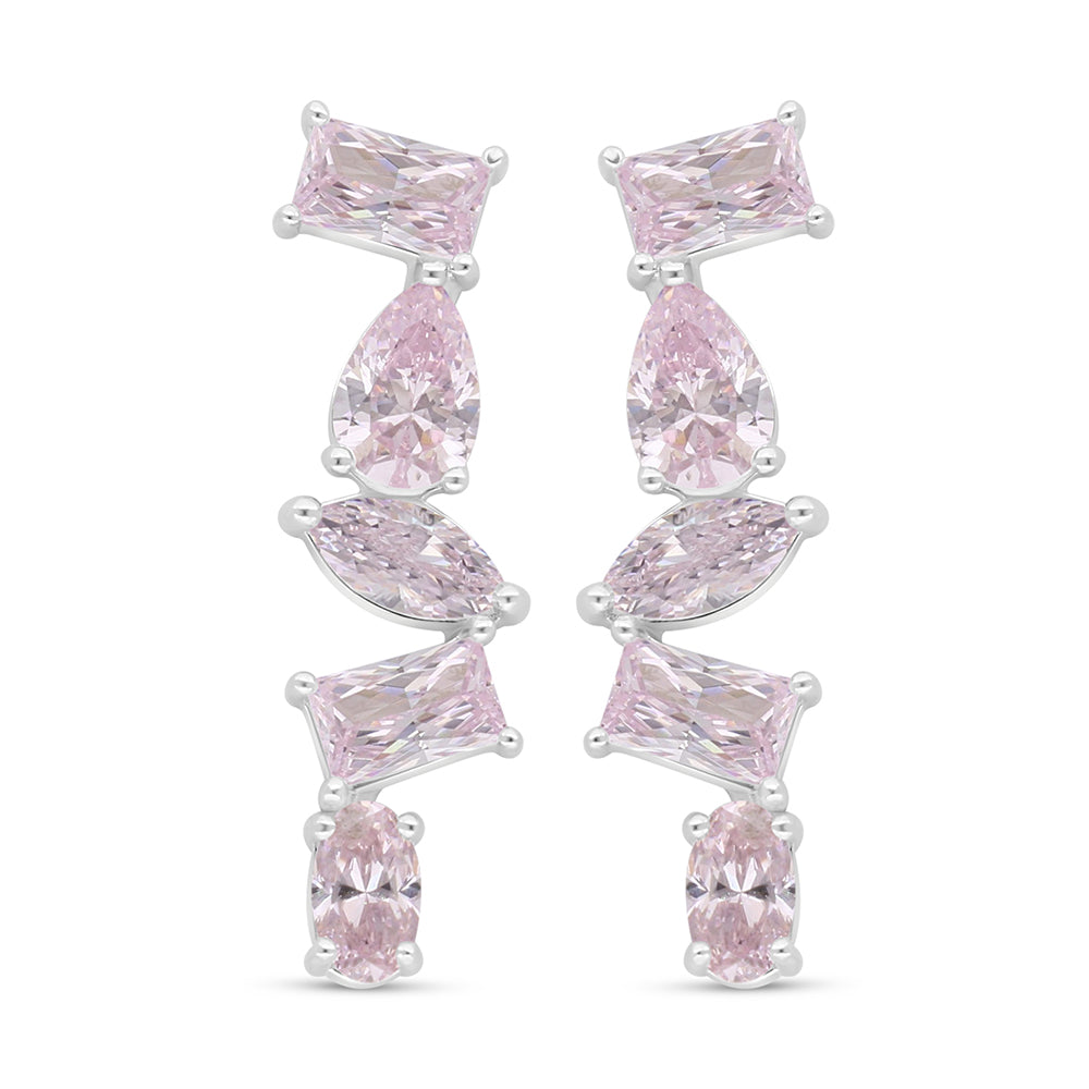 Sterling Silver 925 Earring Rhodium Plated Embedded With Pink Zircon