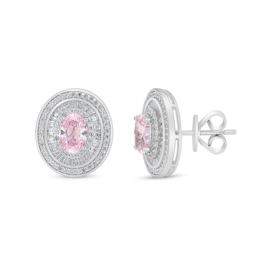 Sterling Silver 925 Earring Rhodium Plated Embedded With Pink Zircon And White Zircon