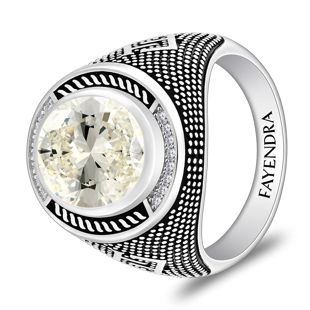 خاتم رجالي من الفضة الخالصة عيار 925 مطلي روديوم و اسود مرصع زركون اصفر و فص ابيض