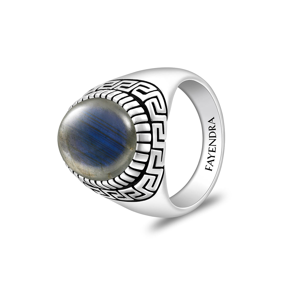 Sterling Silver 925 Ring Rhodium And Black Plated Embedded With Cabochon Labradorite For Men