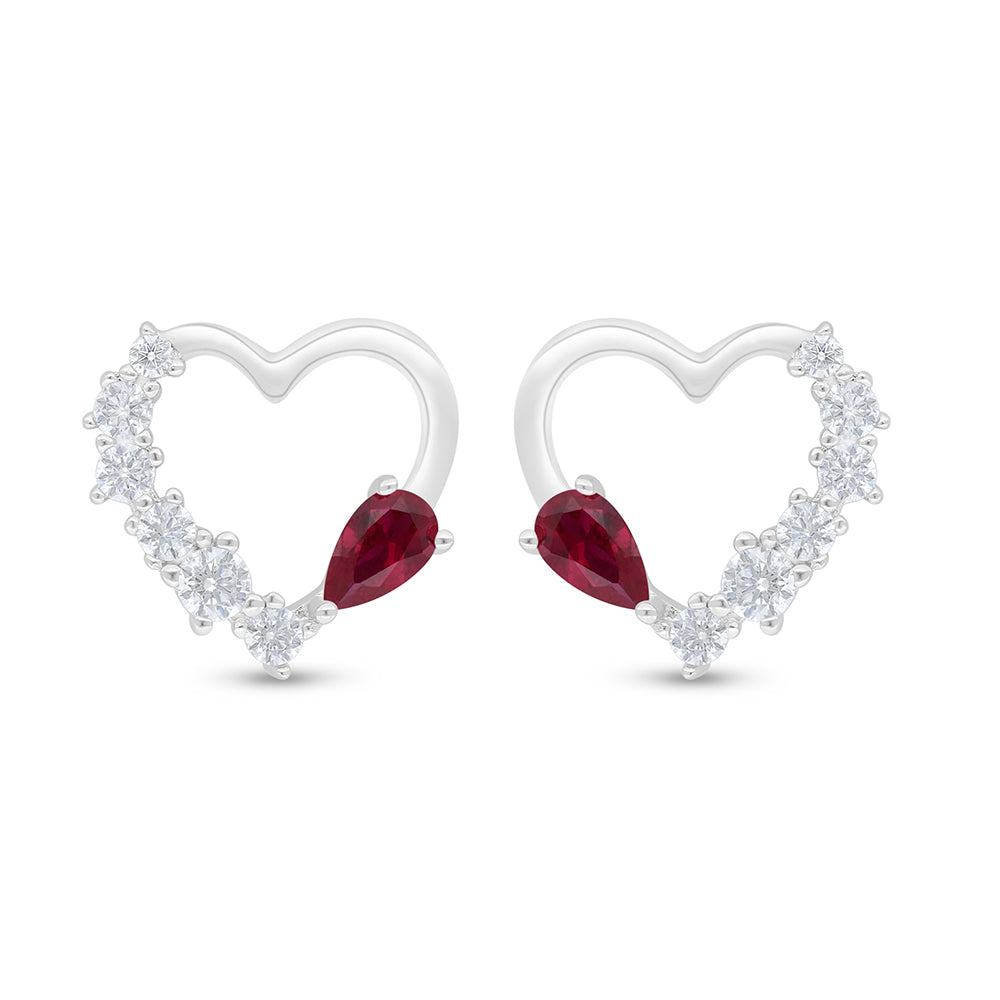 Sterling Silver 925 Earring Rhodium Plated Embedded With Ruby Corundum And White Zircon