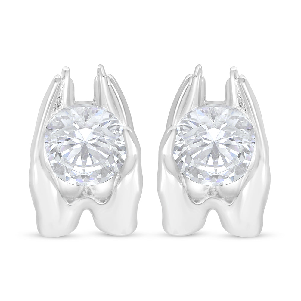 Sterling Silver 925 Earring Rhodium Plated Embedded With White Zircon