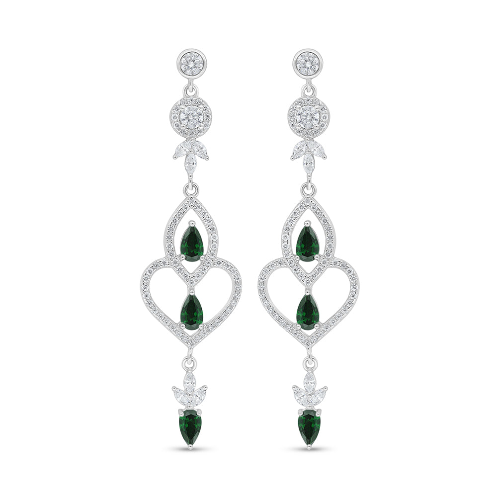 Sterling Silver 925 Earring Rhodium Plated Embedded With Emerald Zircon And White Zircon