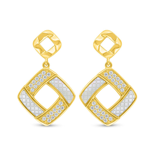 Sterling Silver 925 Earring Golden Plated Embedded With White Shell And White Zircon