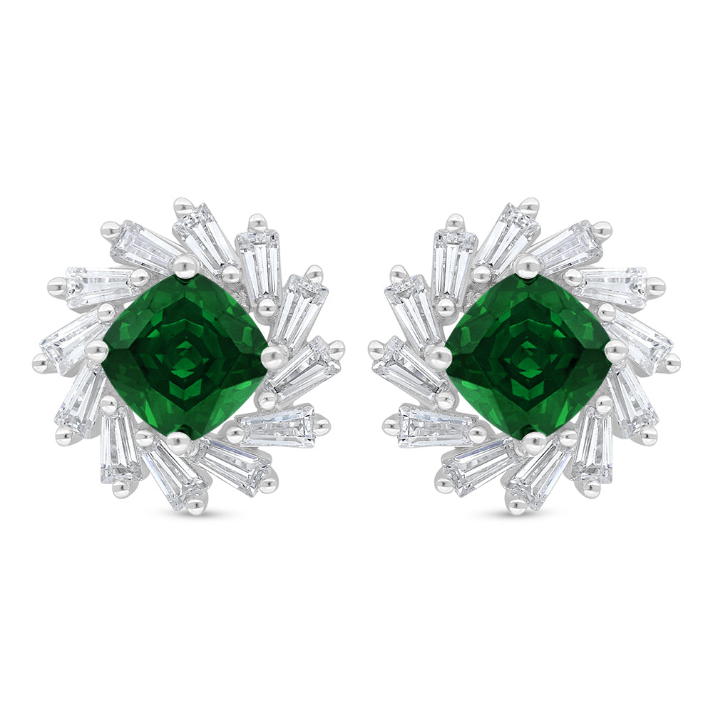 Sterling Silver 925 Earring Rhodium Plated Embedded With Emerald Zircon And White Zircon
