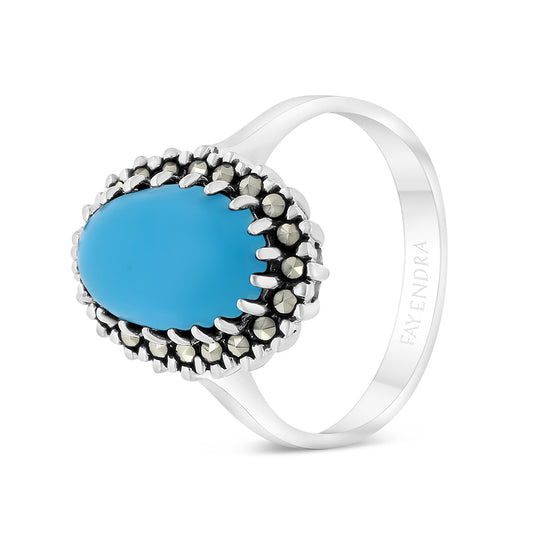 Sterling Silver 925 Ring Embedded With Natural Processed Turquoise And Marcasite Stones