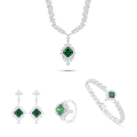طقم من الفضة الخالصة عيار 925 مطلي روديوم مرصع احجار زركون زمردي و فص ابيض