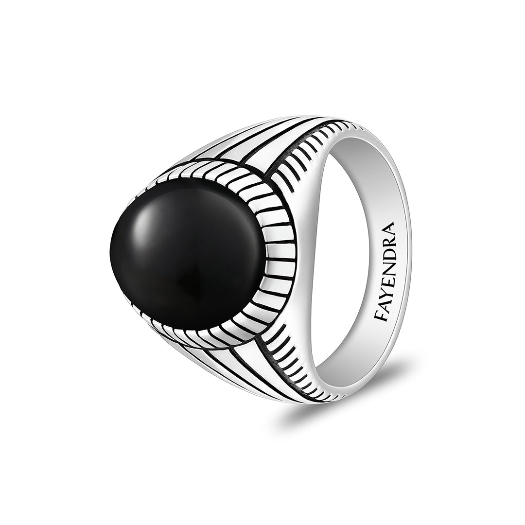 Sterling Silver 925 Ring Rhodium And Black Plated Embedded With Cabochon Natural Black Agate For Men
