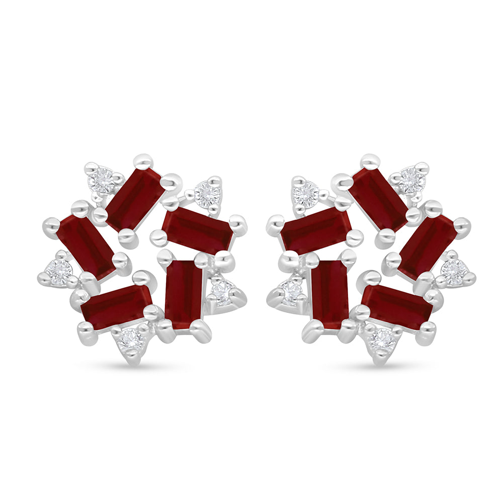 Sterling Silver 925 Earring Rhodium Plated Embedded With Ruby Corundum And White Zircon