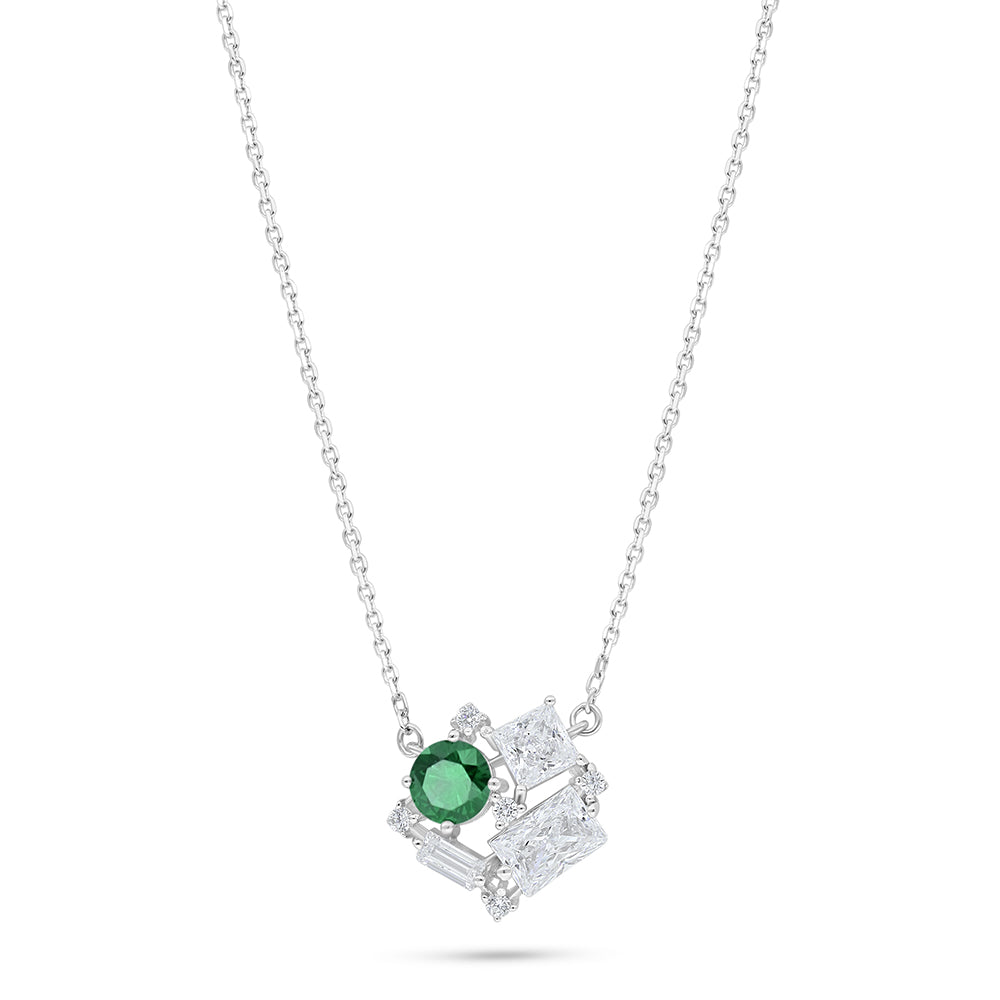 Sterling Silver 925 Necklace Rhodium Plated Embedded With Emerald Zircon And White Zircon