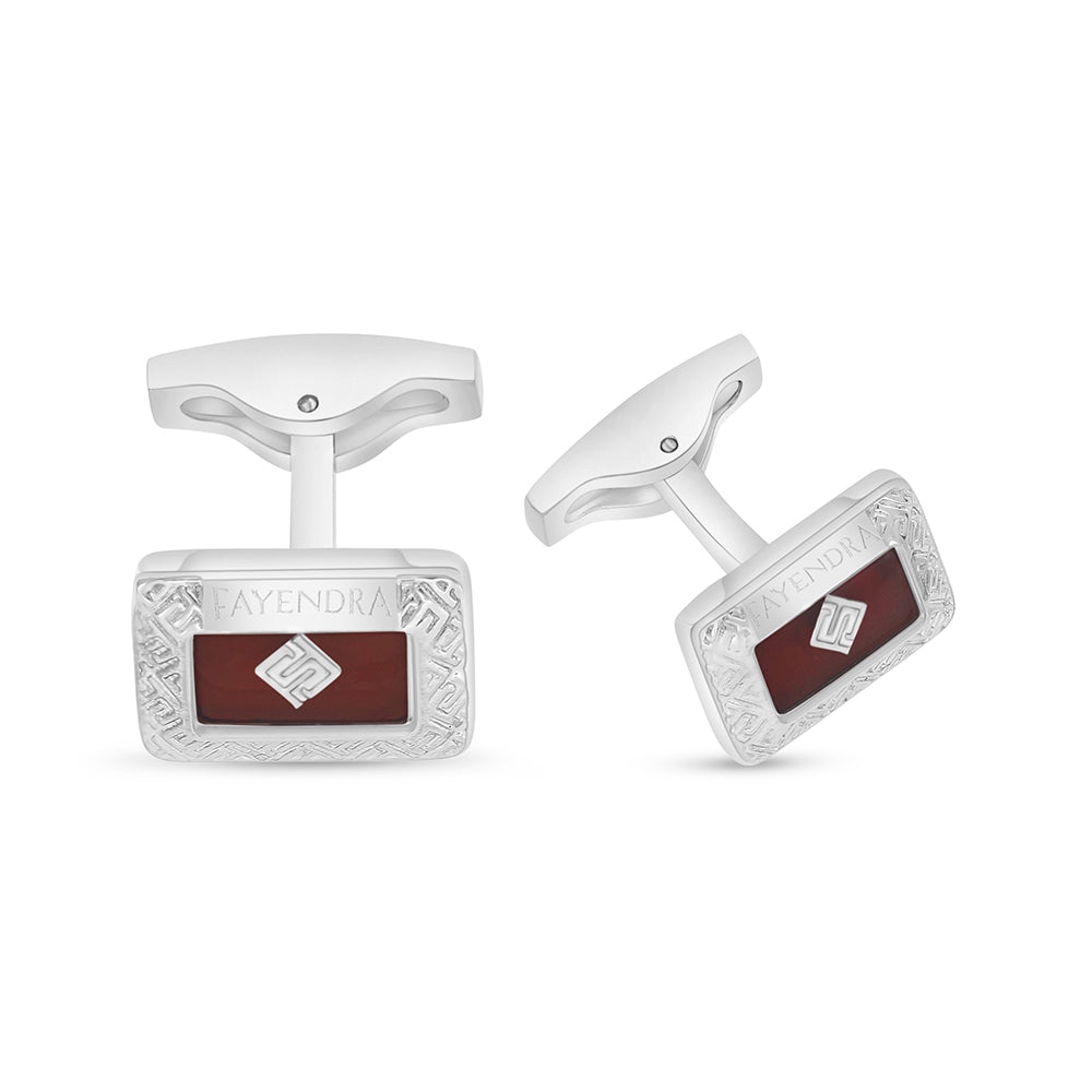 Stainless Steel Cufflink 316L Embedded With Red Agate Shiny Steel