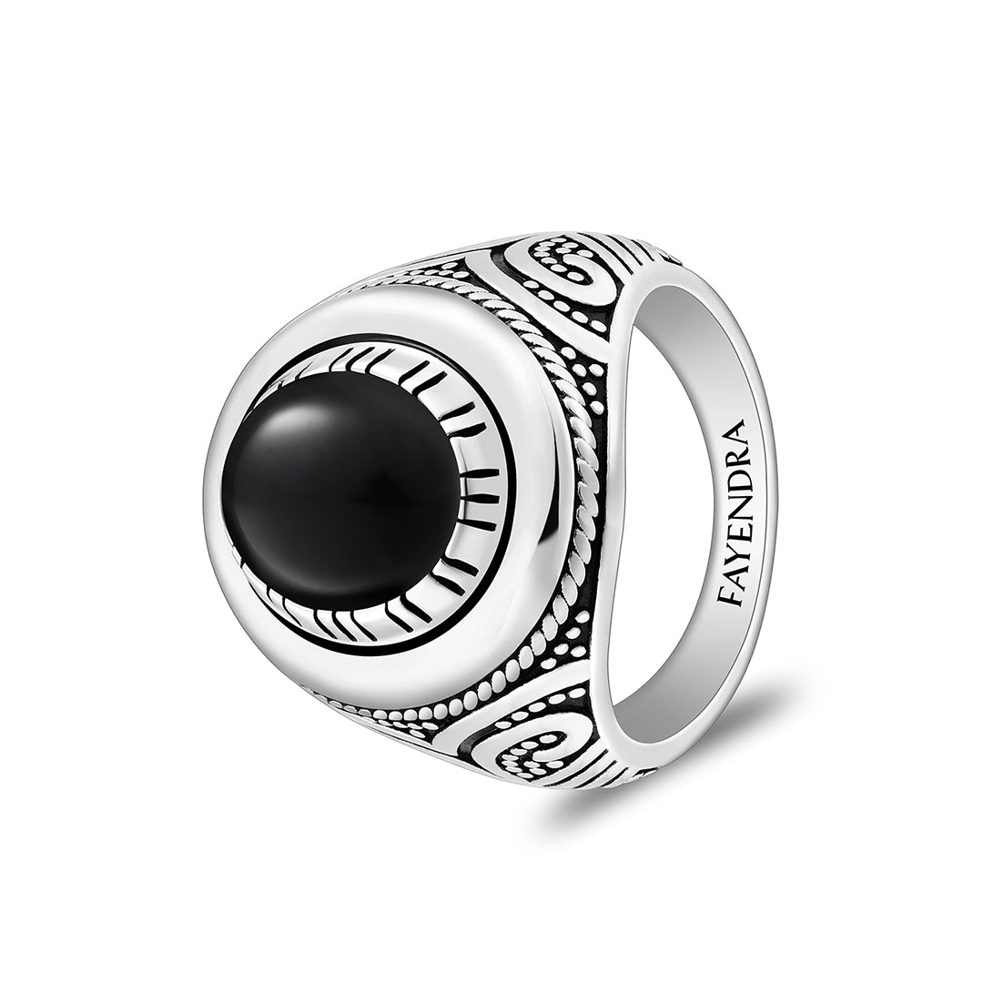 Sterling Silver 925 Ring Rhodium And Black Plated Embedded With Natural black agate Cabochon For Men