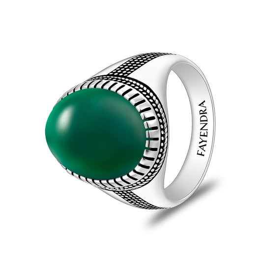 خاتم رجالي من الفضة الخالصة عيار 925 مطلي روديوم و اسود مرصع عقيق جاد اخضر كابشون