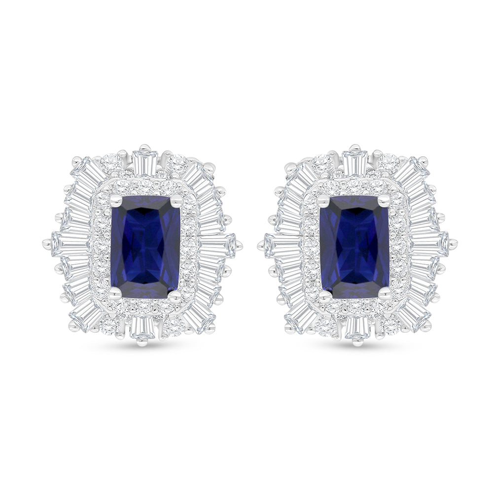 Sterling Silver 925 Earring Rhodium Plated Embedded With Sapphire Corundum And White Zircon
