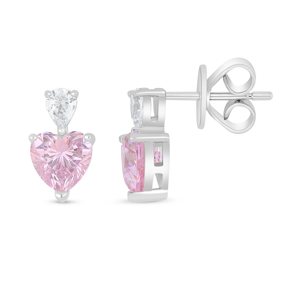 Sterling Silver 925 Earring Rhodium Plated Embedded With pink Zircon And White Zircon