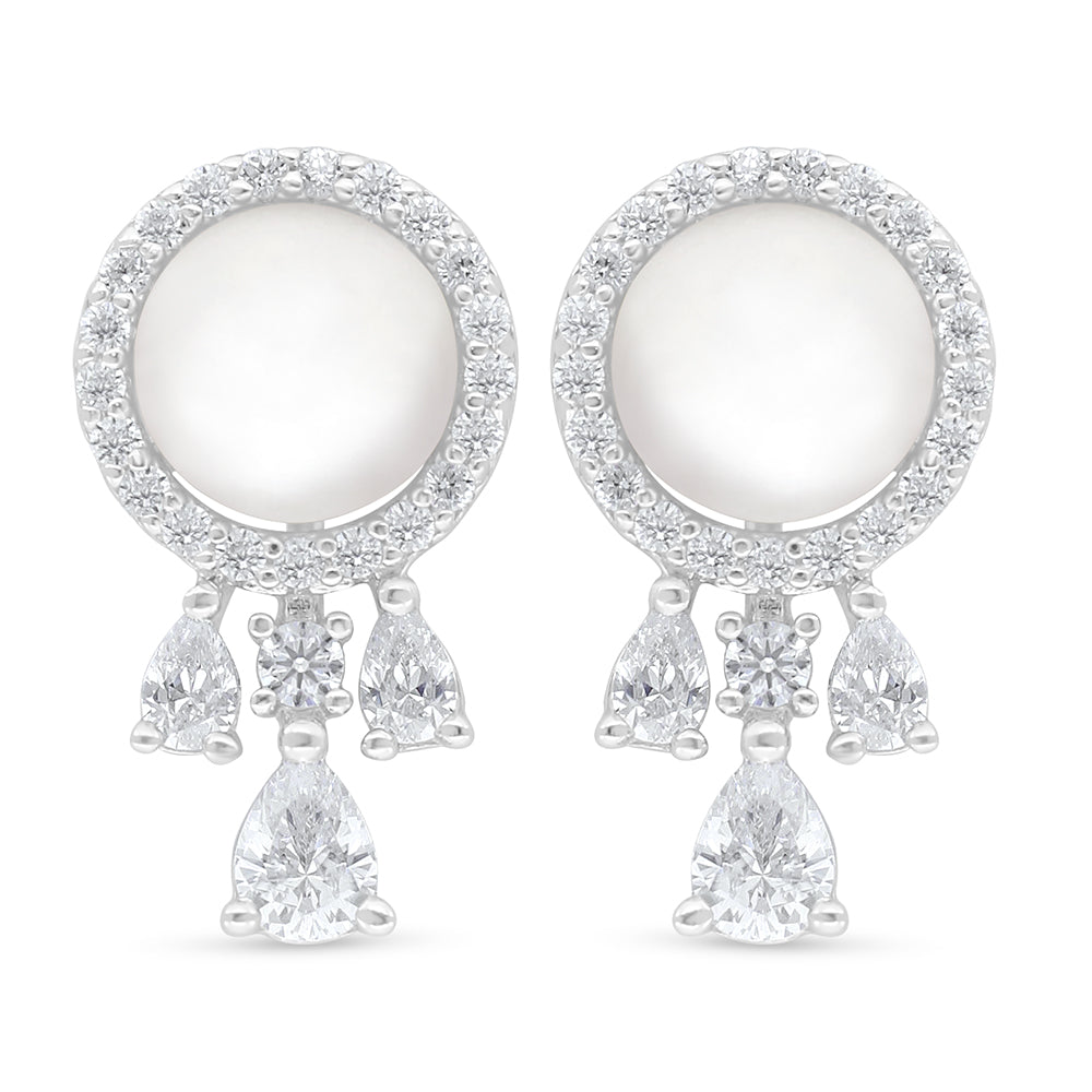 Sterling Silver 925 Earring Rhodium Plated Embedded With Natural White Pearl And White Zircon