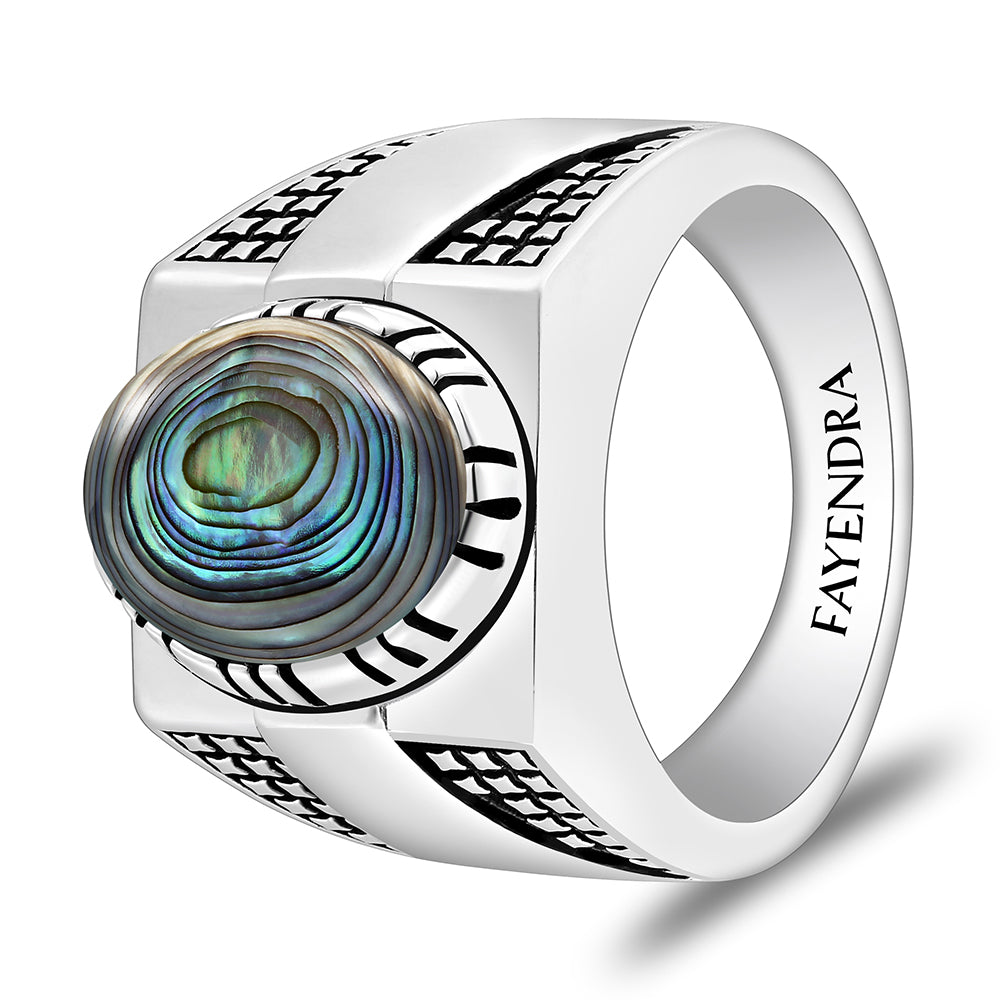 خاتم رجالي من الفضة الخالصة عيار 925 مطلي روديوم و اسود مرصع احجار صدف استرالي كابشون