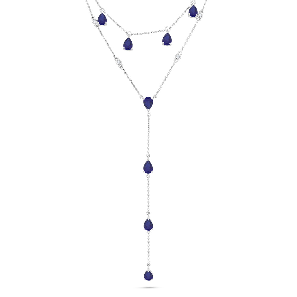 Sterling Silver 925 Necklace Rhodium Plated Embedded With Sapphire Corundum And White Zircon