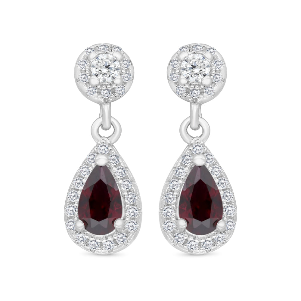 Sterling Silver 925 Earring Rhodium Plated Embedded With Ruby Corundum And White CZ