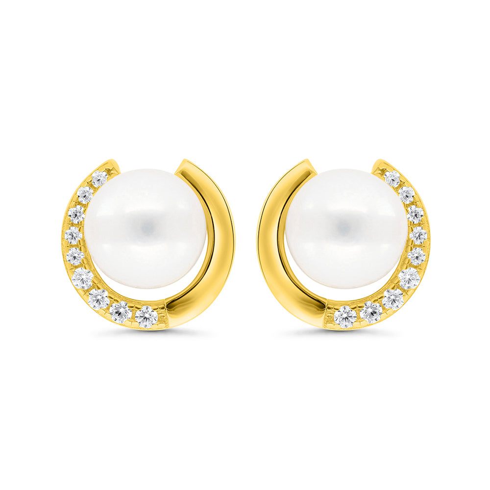 Sterling Silver 925 Earring Gold Plated Embedded With Natural White Pearl And White Zircon