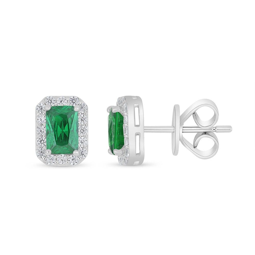 Sterling Silver 925 Earring Rhodium Plated Embedded With Emerald Zircon And White Zircon