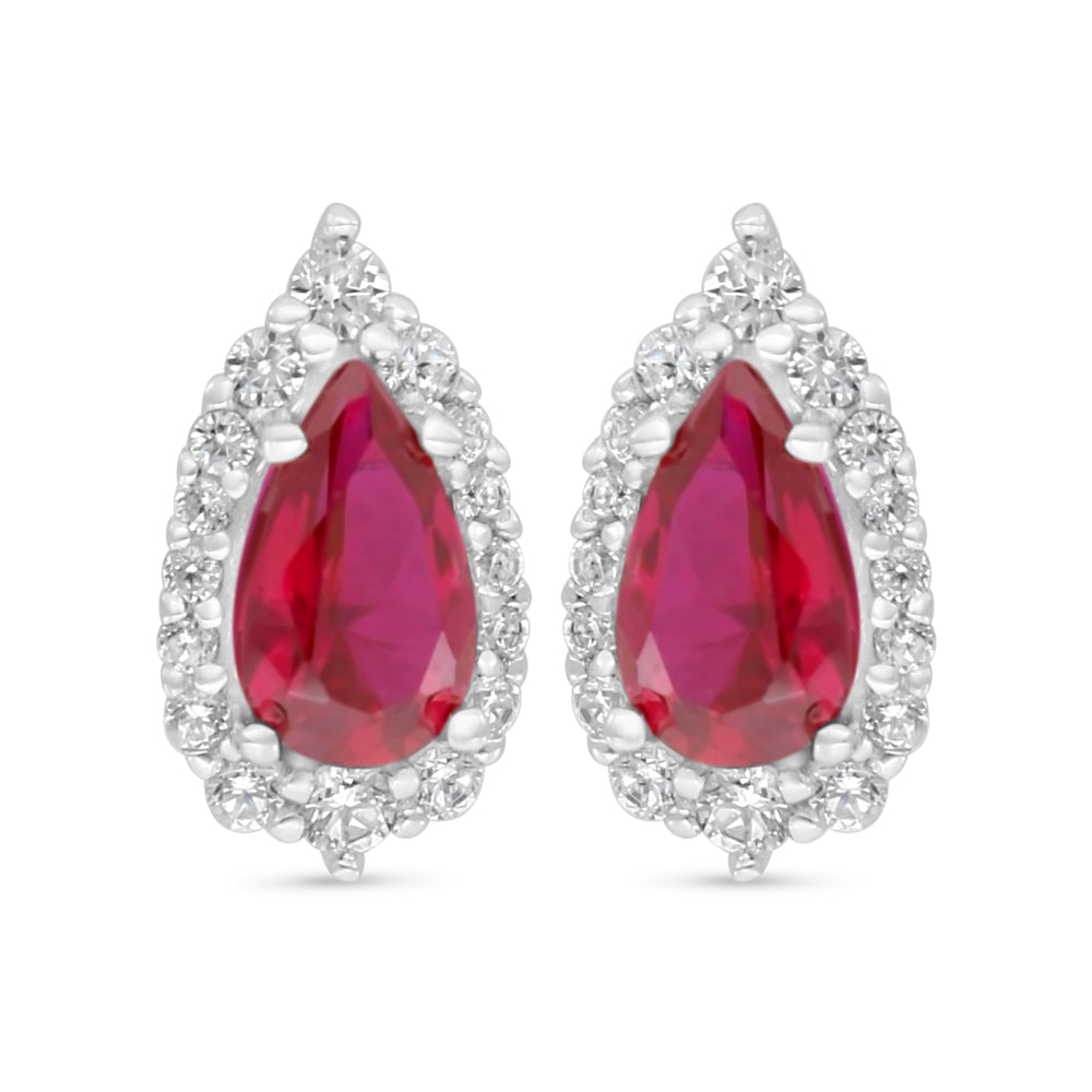 Sterling Silver 925 Earring Rhodium Plated Embedded With Ruby Corundum And White Zircon