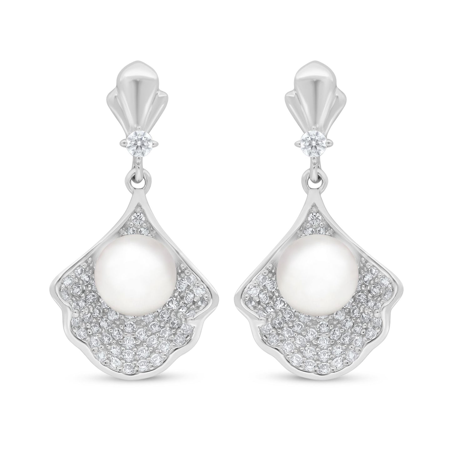Sterling Silver 925 Earring Rhodium Plated Embedded With Natural White Pearl And White Zircon