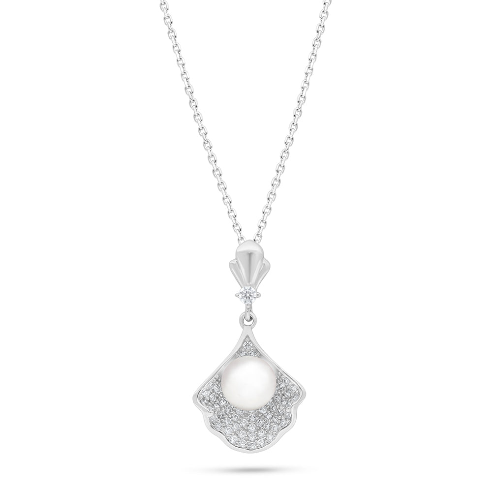 Sterling Silver 925 Necklace Rhodium Plated Embedded With Natural White Pearl And White Zircon