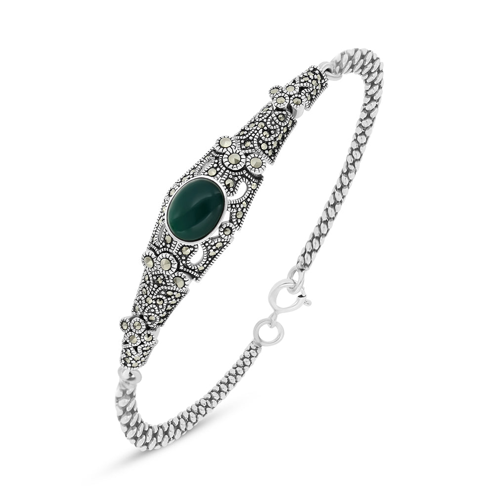 Sterling Silver 925 Bracelet Embedded With Natural Green Agate And Marcasite Stones