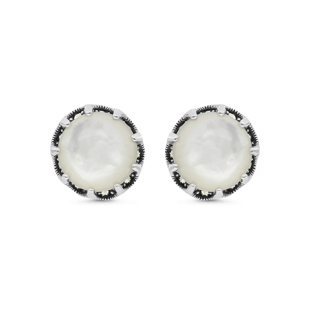 Sterling Silver 925 Earring Embedded With Natural White Shell And Marcasite Stones