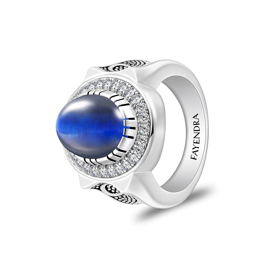 خاتم رجالي من الفضة الخالصة عيار 925 مطلي روديوم و اسود مرصع احجار عين النمر ازرق كابشون و فص ابيض