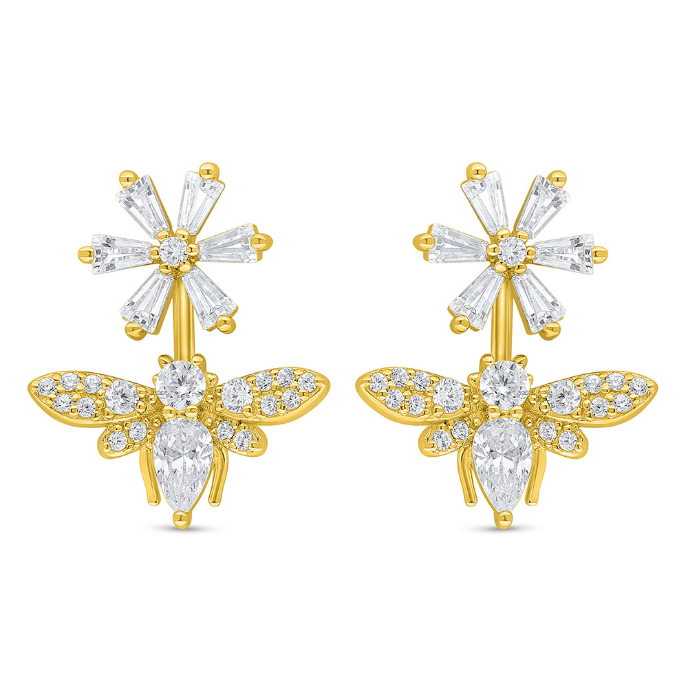 اقراط من الفضة الخالصة عيار 925 مطلية ذهبي مرصعة فص ابيض