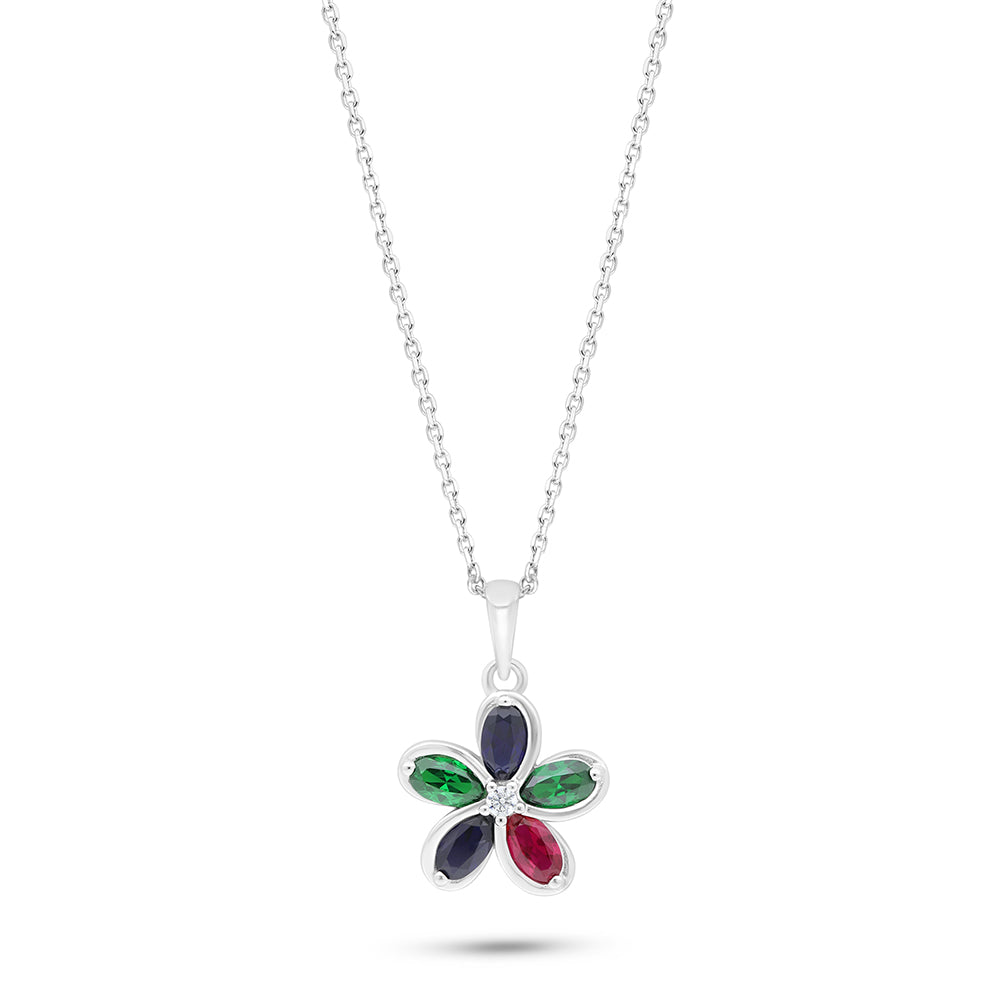 Sterling Silver 925 Necklace Rhodium Plated Embedded With Sapphire Corundum And Ruby Corundum And Emerald Zircon And White Zircon