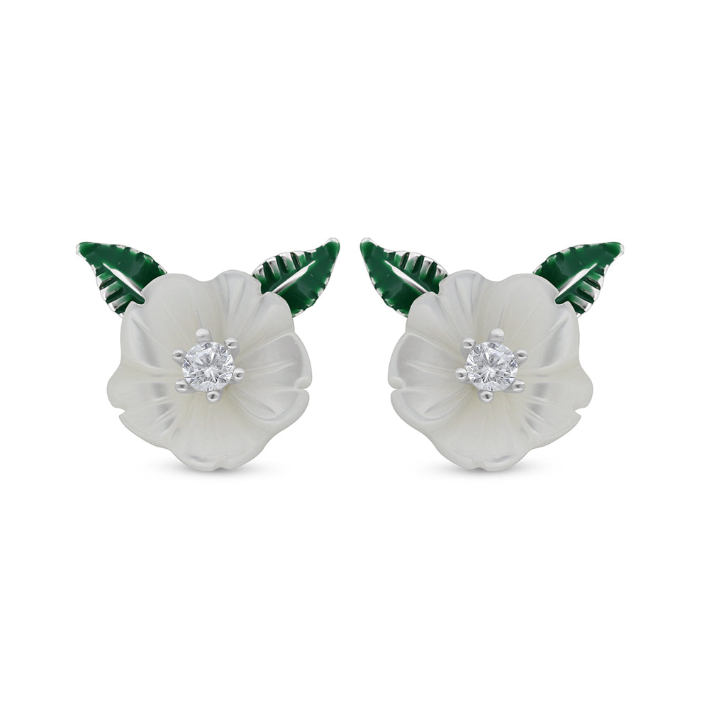 Sterling Silver 925 Earring Rhodium Plated Embedded With White Shell And White Zircon