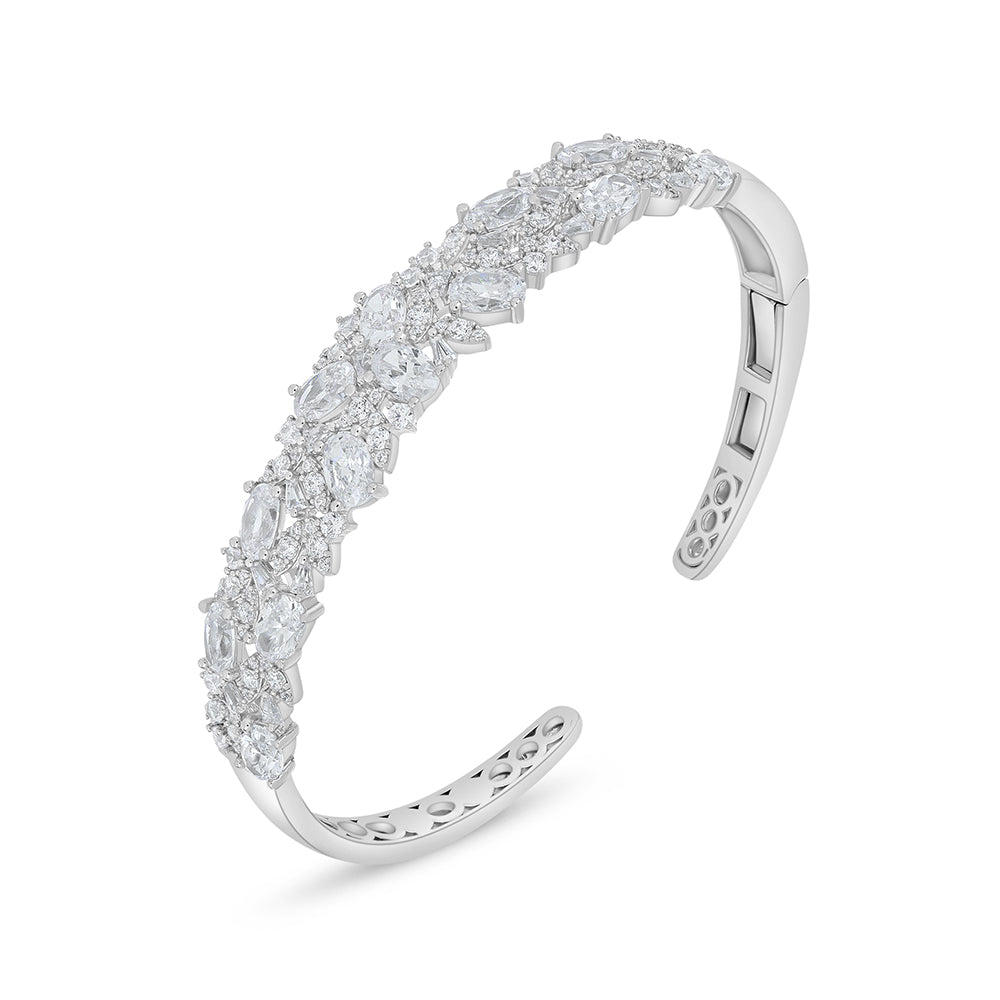 Sterling Silver 925 Bangle Rhodium Plated Embedded With White Zircon ( 54*48 )
