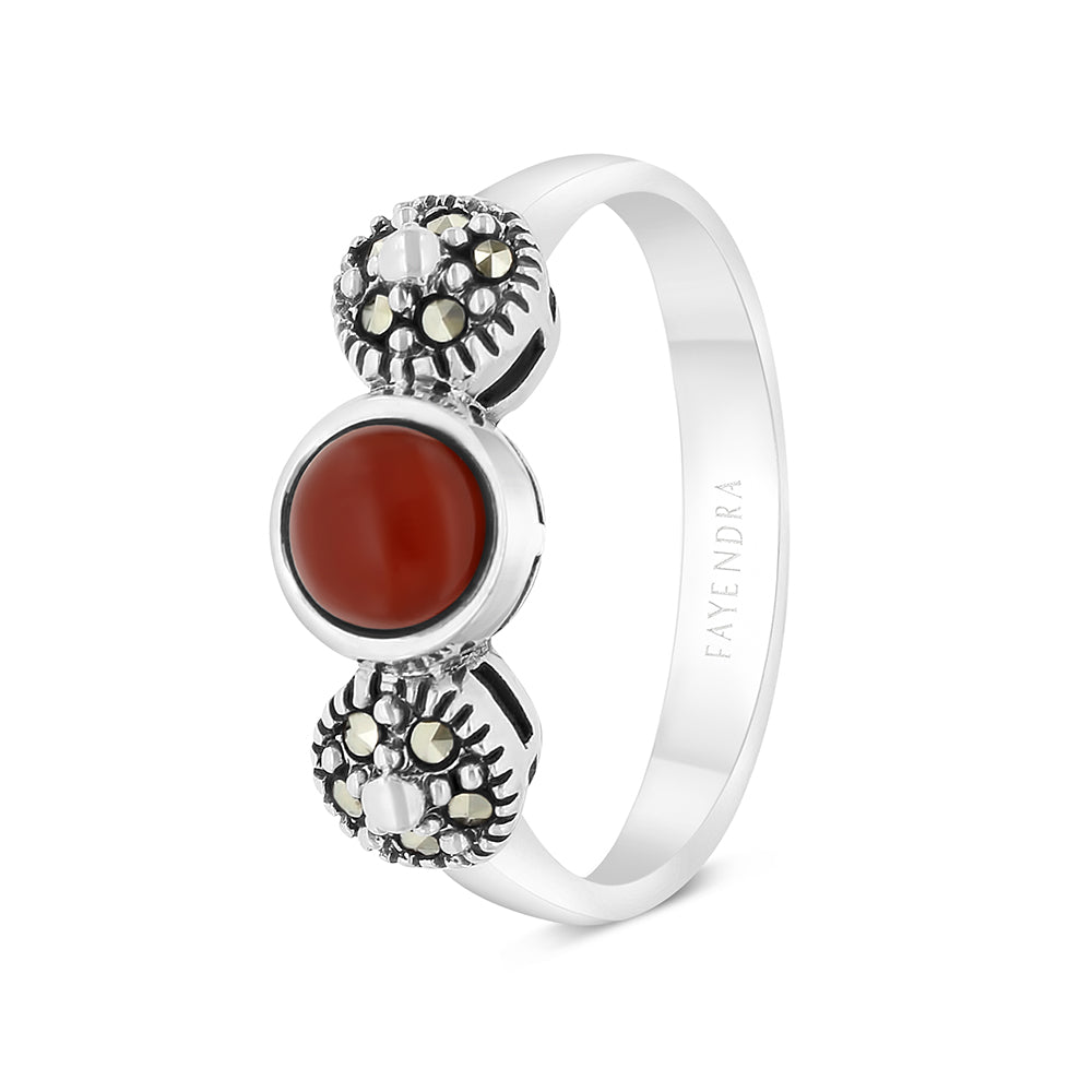 Sterling Silver 925 Ring Embedded With Natural Aqiq And Marcasite Stones