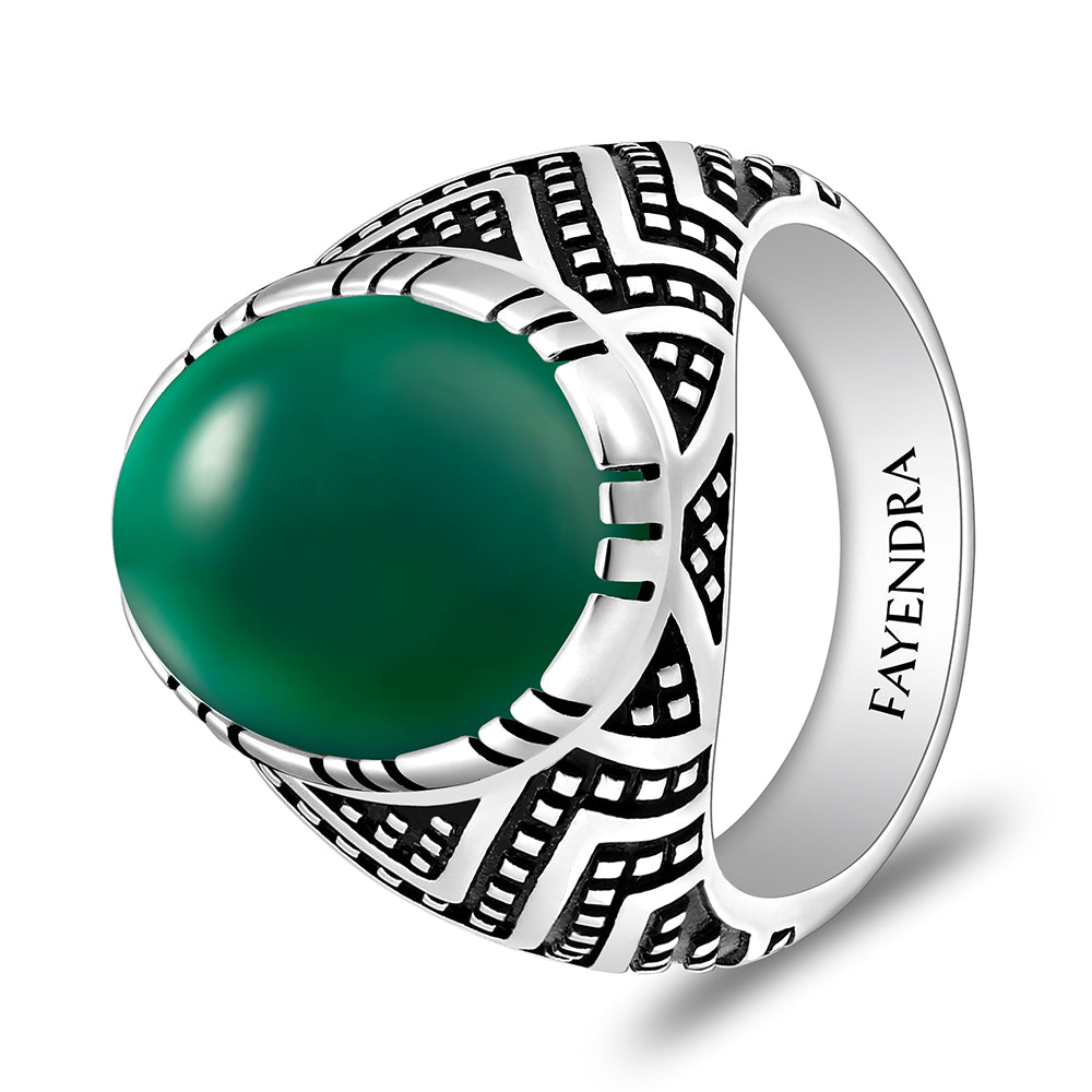 خاتم رجالي من الفضة الخالصة عيار 925 مطلي روديوم و اسود مرصع احجار عقيق جاد اخضر كابشون