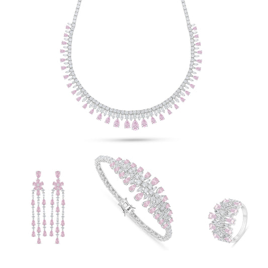 Sterling Silver 925 SET Rhodium Plated Embedded With Pink Zircon And White Zircon