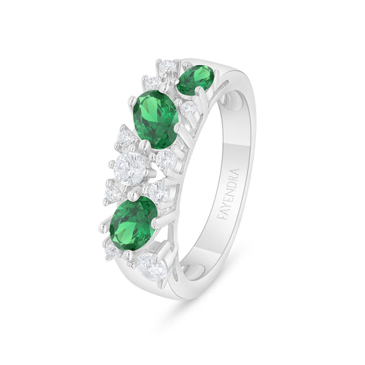 Sterling Silver 925 Ring Rhodium Plated Embedded With Emerald Zircon And White Zircon