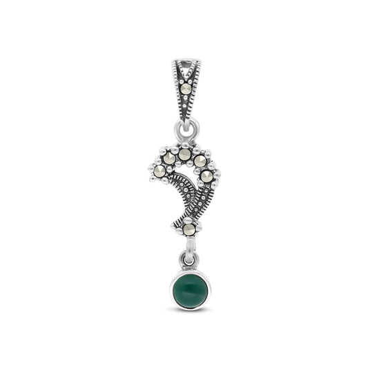 Sterling Silver 925 Pendant Embedded With Natural Green Agate And Marcasite Stones