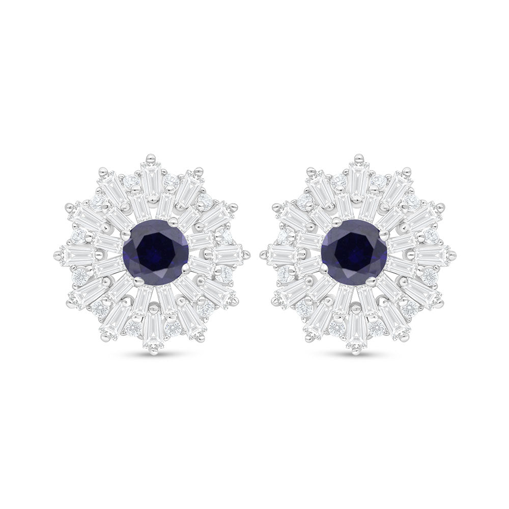 Sterling Silver 925 Earring Rhodium Plated Embedded With Sapphire Corundum And White Zircon