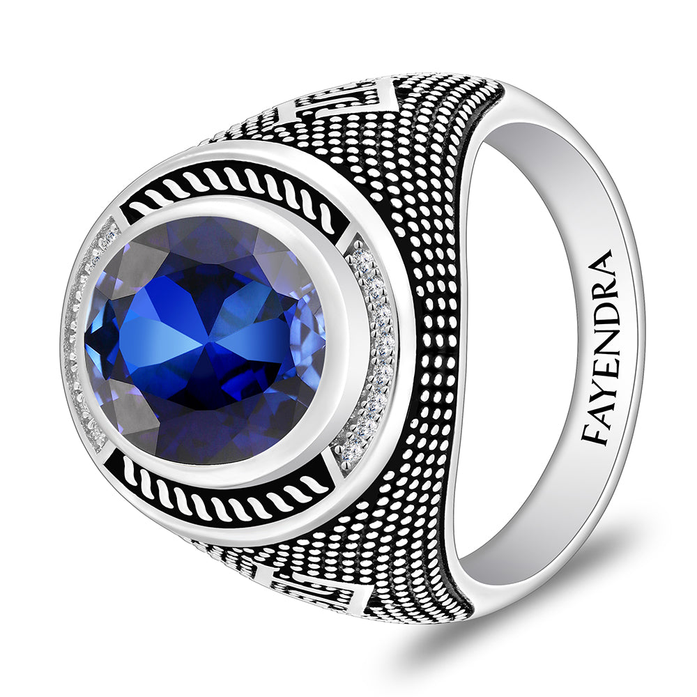 خاتم رجالي من الفضة الخالصة عيار 925 مطلي روديوم و اسود مرصع احجار زفير كروندوم و فص ابيض