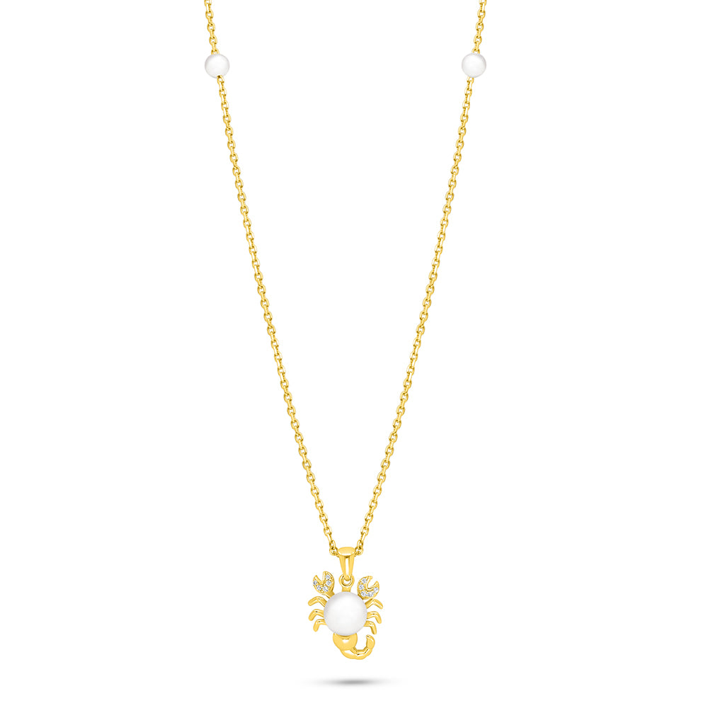 Sterling Silver 925 Necklace Golden Plated Embedded With Natural White Pearl And White Zircon