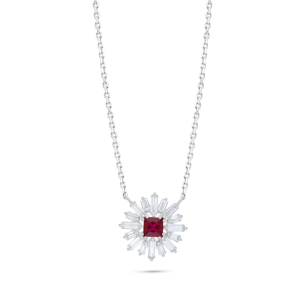 Sterling Silver 925 Necklace Rhodium Plated Embedded With Ruby Corundum And White Zircon