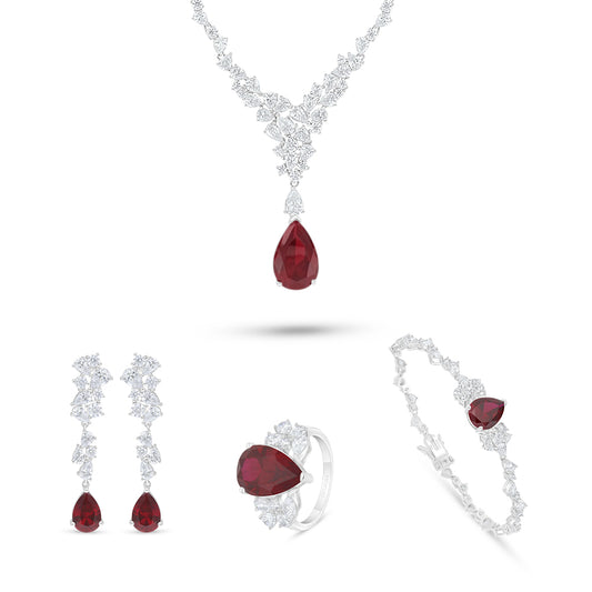 Sterling Silver 925 SET Rhodium Plated Embedded With Ruby Corundum And White Zircon